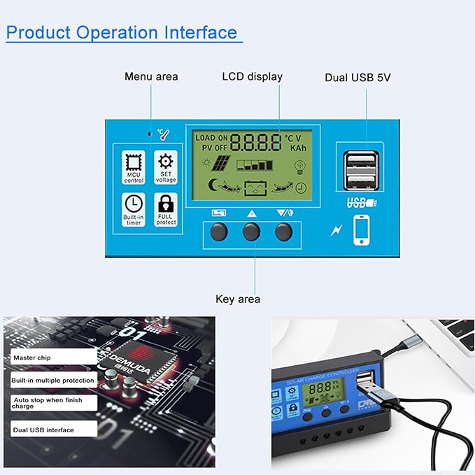 60A PWM Solar Charge Controller 12V/24V with LCD Display, Dual USB Solar Panel Battery Intelligent Regulator, Auto Parameter Adjustable, Timer Setting, Multiple Load Control Modes