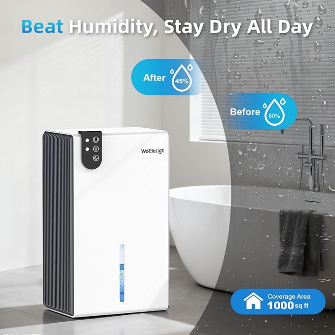 Dehumidifier for Home (85 OZ, 1000 sq ft) Small Dehumidifiers for Basement, Auto Shut-Off, Sleep Mode, 7 Color Light, Quiet Dehumidifier for Bedroom, Bathroom, Living Room with Drain Hose(White Grey)