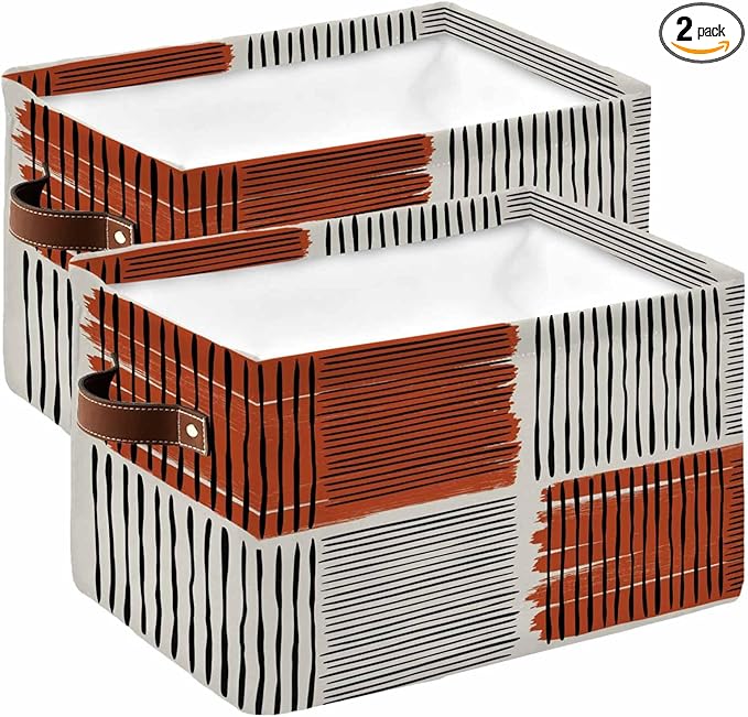 Brown Striped Storage Bins Cubes Waterproof Cloth Storage Basket, Farmhouse Stripes Modern Abstract Art Foldable Storage Bags for Shelf Clothes Storages Organizers with Handles 15x11x9.5 in 2PCS