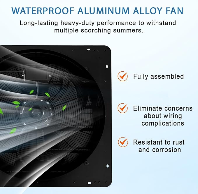 24" Wall Mounted Shutter Exhaust Fan, 3500 CFM Aluminum Blades, 1500 RPM High Speed Low Noise, Automatic Shutter Attic Fan with Exhaust and Intake for Home Attic Garage Greenhouse Shed Basement,Black