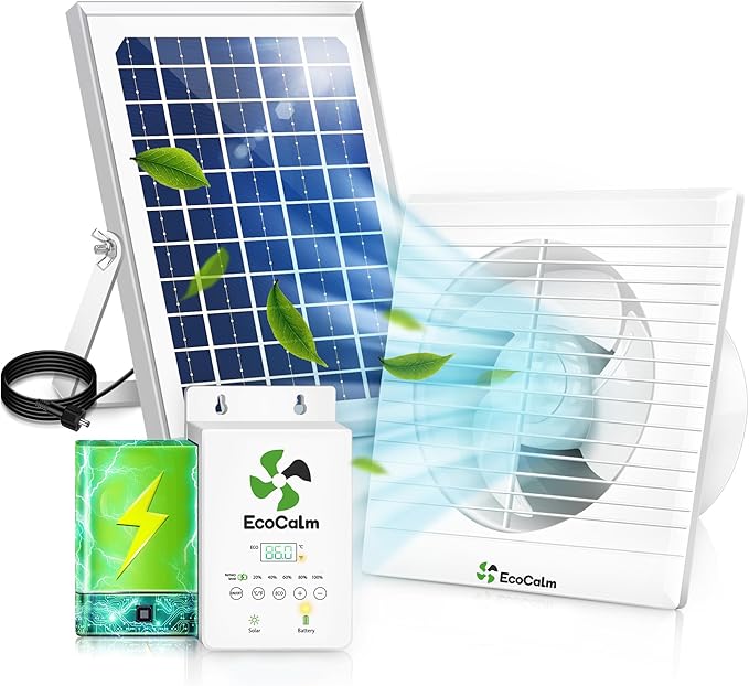 Solar Powered Fan with Battery and Adjustable Thermostat, 6“ Solar Fan for Chicken Coop with 12W Bifacial Solar Panel, Outdoor Greenhouse Exhaust Fan with Anti-backflow Valve