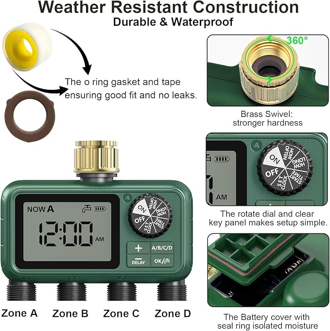 4 Zones Brass Inlet Water Timer for Outdoor Garden Hose, Sprinkler Timer for Garden Faucet with Auto/Manual/Rain Delay Mode, Sprinkler Irrigation Controller for Yard Lawn
