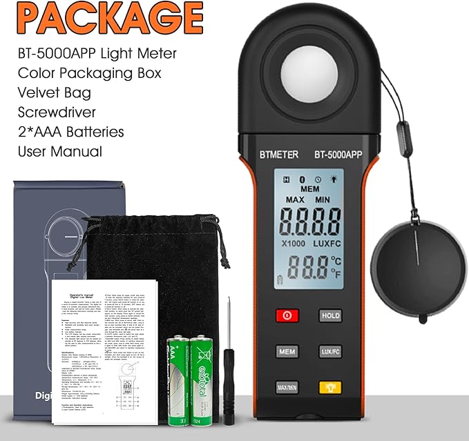 BTMETER Illuminance Light Meter w/Bluetooth - Digital Lumen Tester Measure Lighting Level Intensity 1~400,000 Lux(Foot Candle 1~37,160) Luxometer with 270º Rotated Sensor Data Logging for Plants Grow