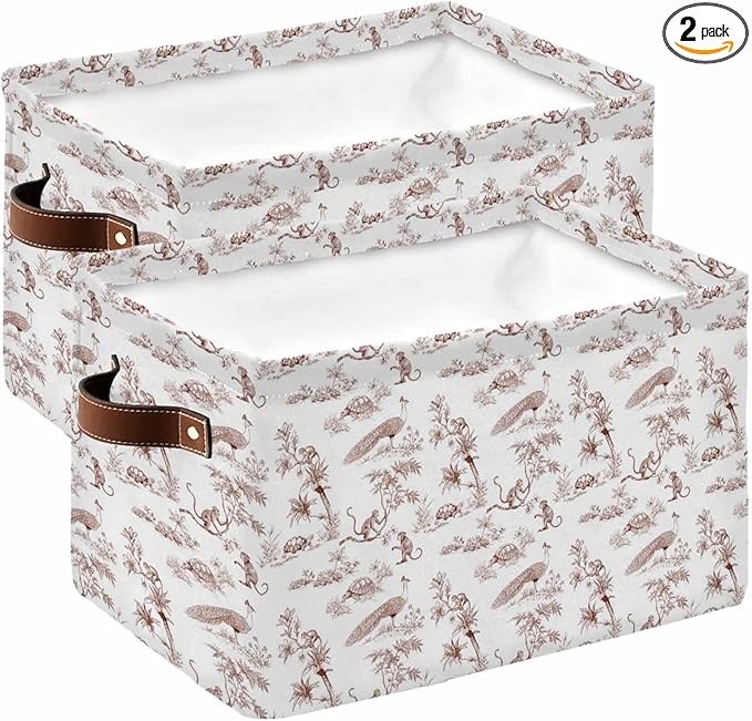 Farmhouse Monkey Storage Bins Cubes Waterproof Cloth Storage Basket,Vintage Brown Plants Rustic Turtles Peacock Foldable Storage Bags for Shelf Closet Clothes Organizers with Handles 15x11x9.5 in 2PCS