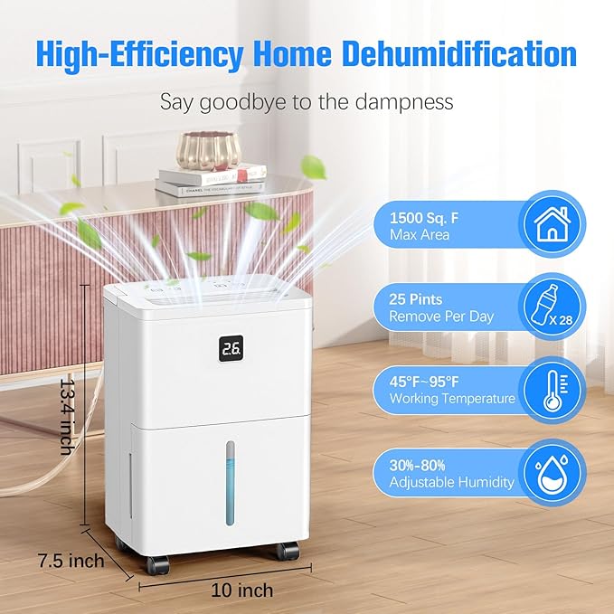 DEVERSE Max 25 Pints Dehumidifier for Home/Bedroom/Basement, 3000 Sq.Ft Coverage, with Drain Hose, Smart Humidity Control & Large Tank