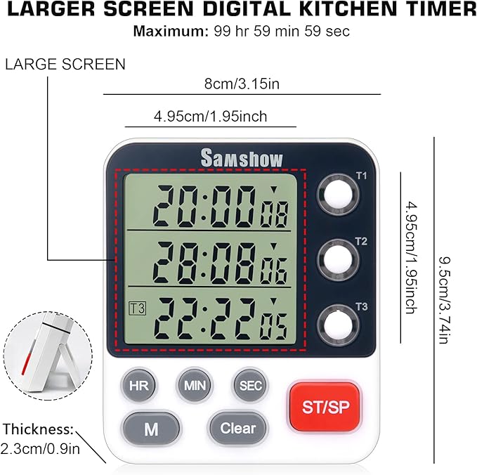 Digital Dual Kitchen Timmers 3 Channels Count UP/Down Timer Cooking Timers Large Display Triple Timmer Magnetic Stopwatch Timer-timers for Classroom Kid Adjustable Volume Loud Alarm(Battery Included)