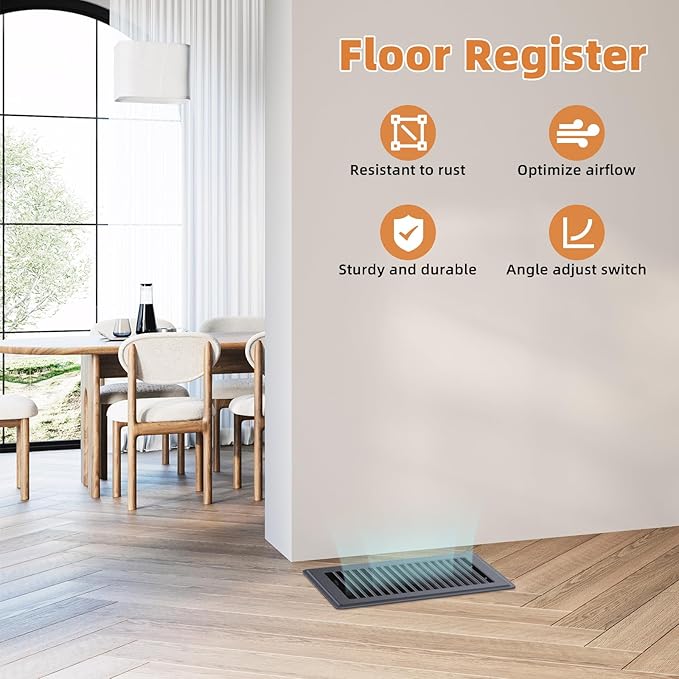 6 x 10 Floor Register, Gray Heavy-Duty Steel Vent Covers for Home Floor with Adjustable Airflow Control Lever, Easy Installation and Quiet Operation for HVAC Systems - 4 Pack