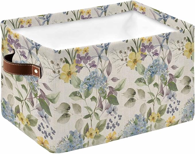 Vintage Spring Floral Storage Bins Cubes Waterproof Cloth Storage Basket, Farmhouse Flowers Rustic Foldable Storage Bags for Shelf Closet Clothes Storages Organizers with Handles 15x11x9.5 in 1PCS