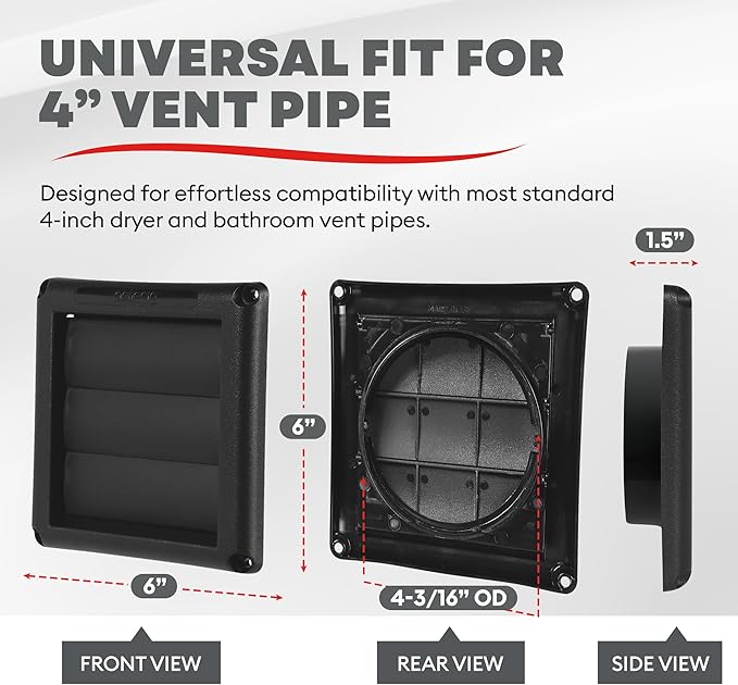 Deflecto Supurr-Vent 4” Outdoor Dryer Vent Cover Black Louvered Wall Hood with Gravity Damper for Backdraft Prevention, Fits Standard 4” Dryer Exhaust Pipe, Weather & UV-Resistant, Durable 6"x6" Face