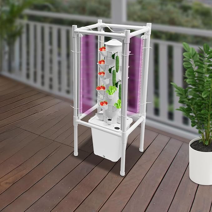 Hydroponic Growing Kit, 6 Layer 30 Planting Point Hydroponic Grow Tower with 4 LED Lamps, Vertical Tower Planter Germination Kit, Hydroponics Growing System for Garden, Office, Balcony (White)