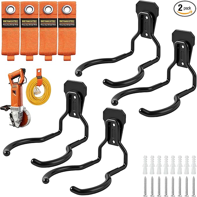 Heavy Duty Garden Power Tool Hanger, Garage Storage Utility Hooks with Storage Straps, Electric Tool Hooks, String Trimmer Hangers, Garden Tool Organizer, Weedeater Rack (4, Black)