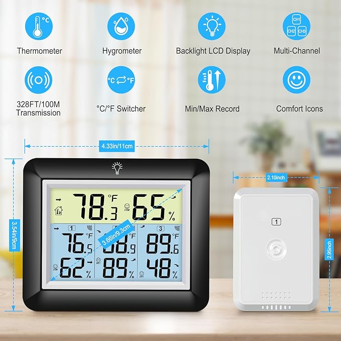 Urageuxy Indoor Outdoor Thermometer Wireless with 3 Sensors, 328ft Range Digital Hygrometer Temperature Humidity Monitor for Home, Greenhouse, Kitchen, Bedroom, Backlight, Black