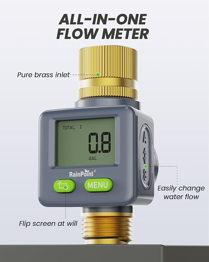 RAINPOINT Water Flow Meter with Brass Inlet & Outlet, 180° Screen-Flip Water Meter, Measure Gallon/Liter Consumption for RV Filling, Garden Watering, Sprinkler and Hoze Nozzle