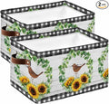 Spring Eucalyptus Sunflower Storage Bins Cubes Waterproof Cloth Storage Basket,Farmhouse Birds Gray Wood Foldable Storage Bags for Shelf Clothes Storages Organizers with Handles 15x11x9.5 in 2PCS