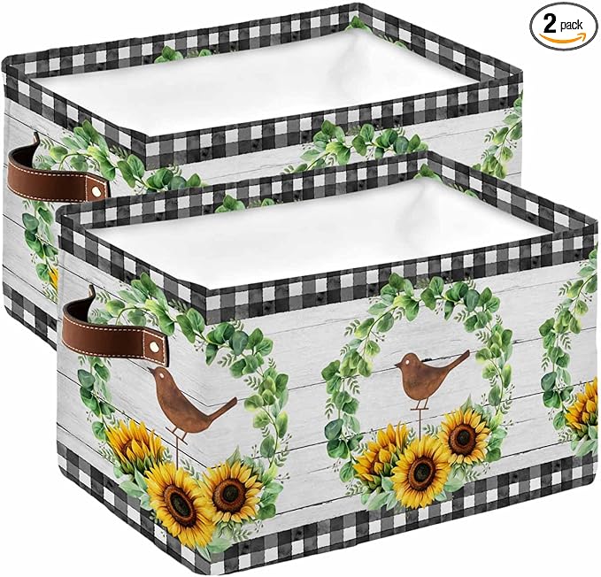 Spring Eucalyptus Sunflower Storage Bins Cubes Waterproof Cloth Storage Basket,Farmhouse Birds Gray Wood Foldable Storage Bags for Shelf Clothes Storages Organizers with Handles 15x11x9.5 in 2PCS