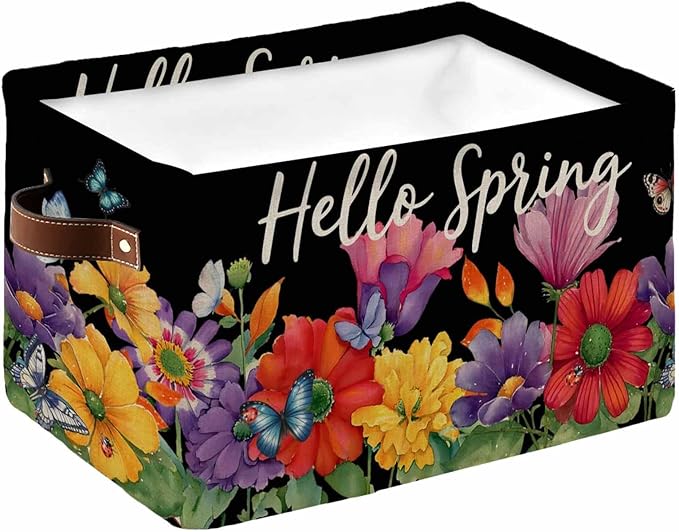 Spring Flowers Storage Bins Cubes Waterproof Cloth Storage Basket,Watercolor Country Colorful Floral Black Foldable Storage Bags for Shelf Clothes Storages Organizers with Handles 15x11x9.5 in 1PCS
