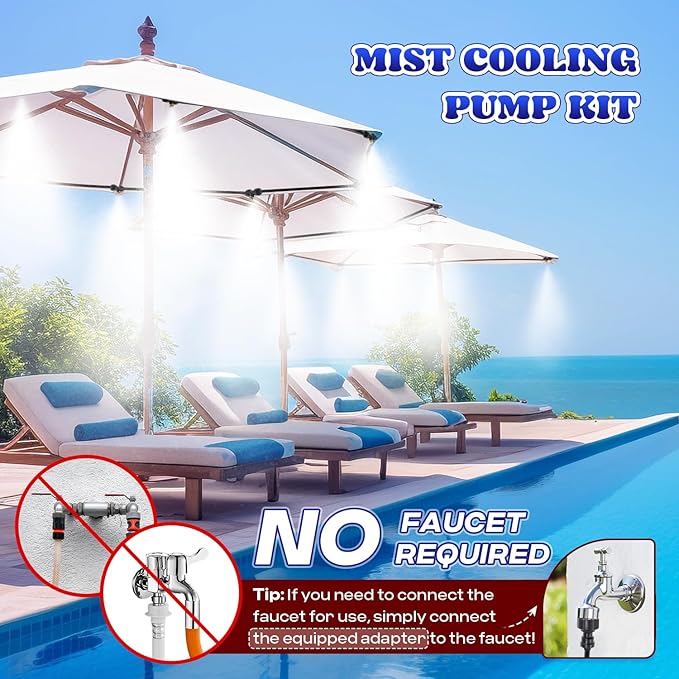 Moongiantgo Outdoor Misting Cooling System with Pump Kit-82ft Misting System pipe+24 Brass Mist Nozzles 0.02’’+Cluster Body+3/4’’ Adapter-Mister for Outside Patio Backyard Garden Greenhouse Trampoline