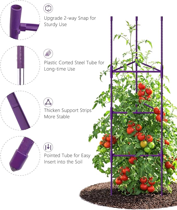 Growsun 51 inch Tomato Cage Heavy-Duty Plant Support Cucumber & Vine Vegetables – Adjustable Purple Metal Garden Trellis for Climbing Plants, Indoor & Outdoor Use, 6 Pack