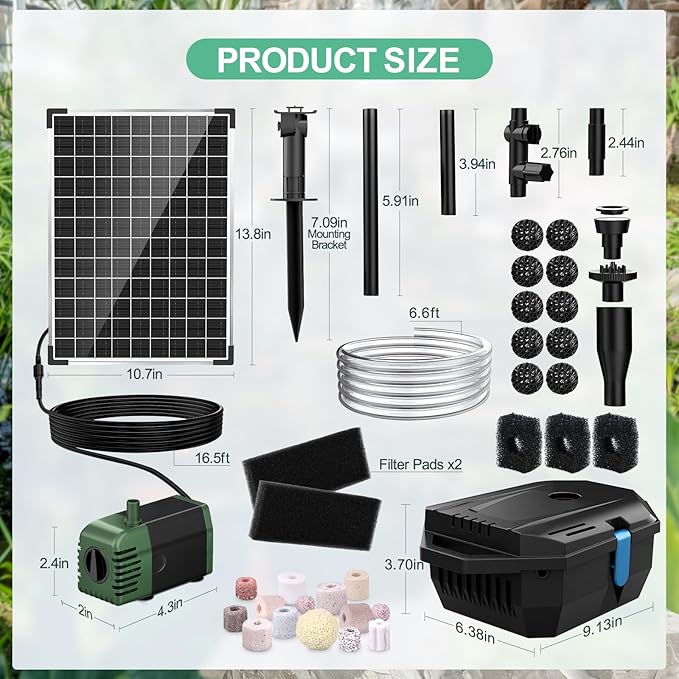 POPOSOAP 20W Solar Pond Filter with Fountain Pump, Solar Pond Pump and Filter Kit for Outdoor Pond Filter Box with Bio Media for Water Gardens, Ponds Up to 280 Gallons P3202