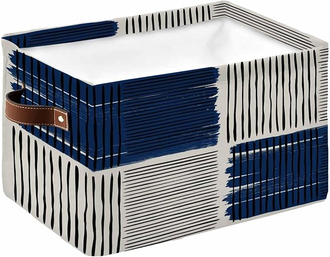 Navy Blue Striped Storage Bins Cubes Waterproof Cloth Storage Basket,Farmhouse Stripes Modern Abstract Art Foldable Storage Bags for Shelf Clothes Storages Organizers with Handles 15x11x9.5 in 1PCS