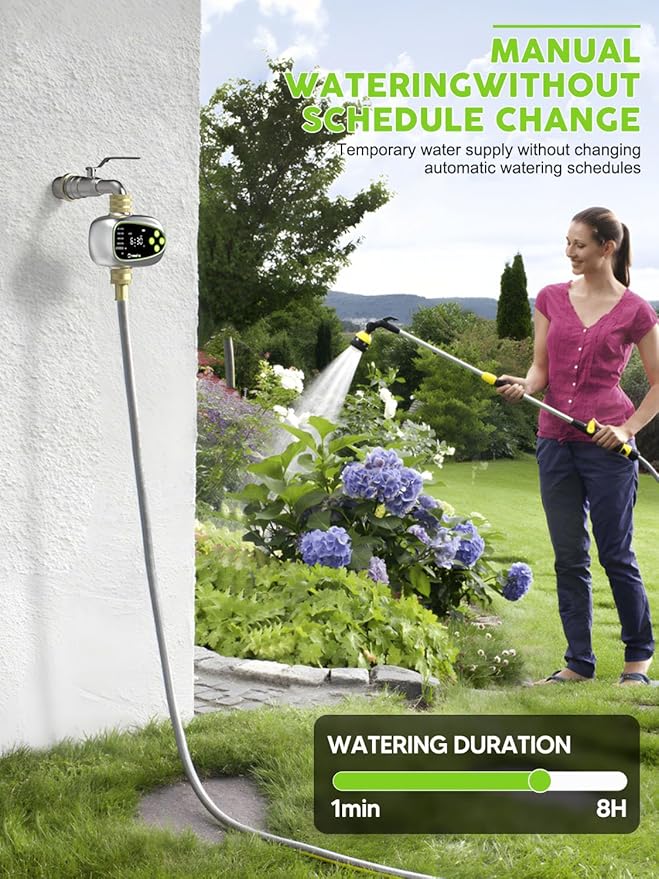 Sprinkler Controller with Soil Moisture Sensor: 1 Zone Water Timer for Garden Hose, Rain Delay & Brass Inlet Programmable Hose Timer, Automatic Drip Irrigation System for Yard Lawn Greenhouse