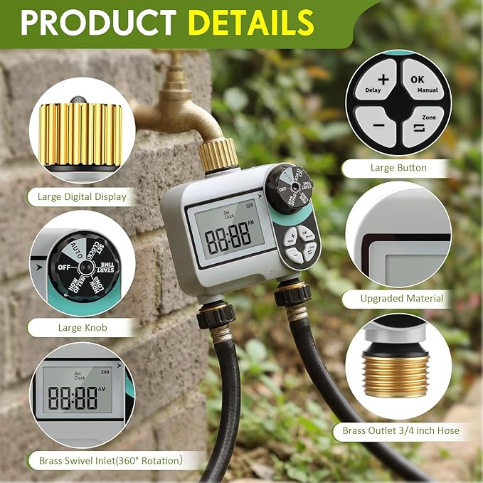 Kingdder Sprinkler Timer for Yard with Brass Inlet and Outlet Watering Timer for Garden Hose Timers Automatic Irrigation System with Rain Delay/Manual/ IP54 Waterproof(2 Outlet)