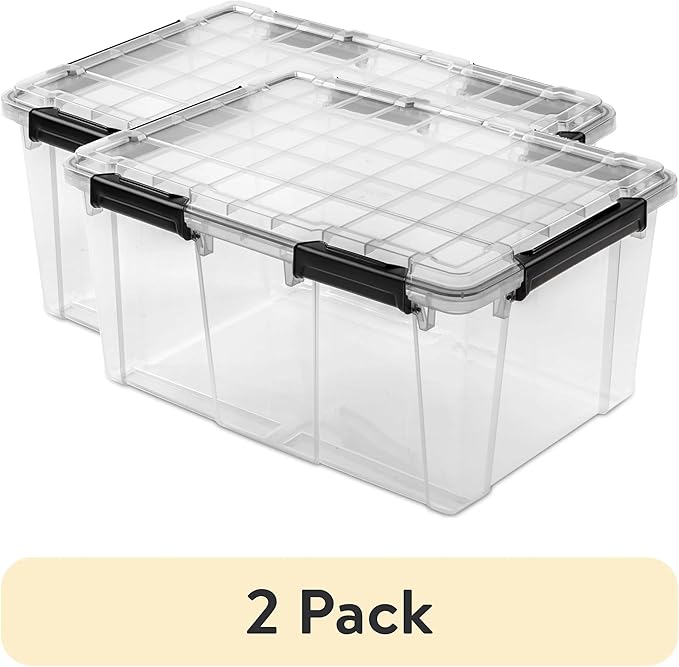 80 Qt Watertight Storage Container, Rated Gasket Seal Box with Latches, Extra Large Black Plastic Bin for Outdoor, Garage, Basement Organization (2-Pack)