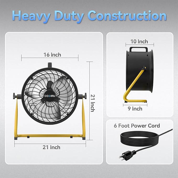 CCGIRU 16" High Velocity Floor Fan, 3000 CFM 3-Speed Industrial Shop Fan with Wall-Mounting System,Heavy Duty Metal Fan for Workshop, Garage and Warehouse - UL Safety Listed