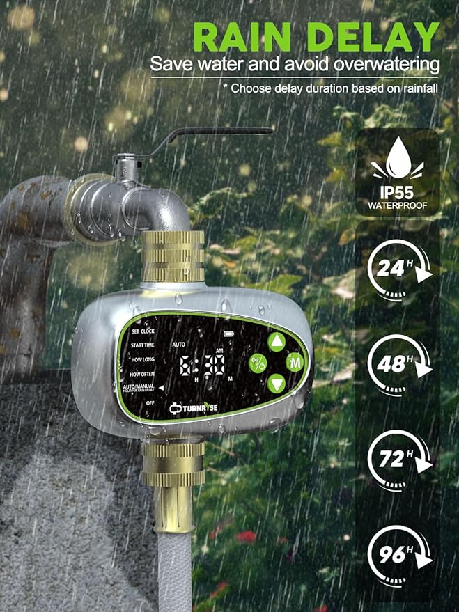 Sprinkler Controller with Soil Moisture Sensor: 1 Zone Water Timer for Garden Hose, Rain Delay & Brass Inlet Programmable Hose Timer, Automatic Drip Irrigation System for Yard Lawn Greenhouse
