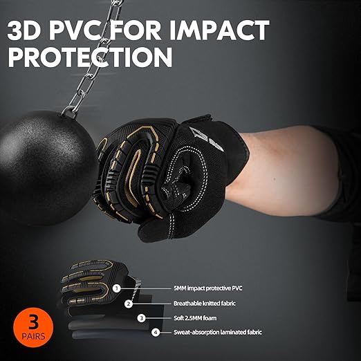 Vgo... 3-Pairs Heavy Duty Synthetic Leather Work Gloves, Impact Protection Mechanic Gloves, Rigger Gloves, Vibration Reduction, Touchscreen Capable (Size L, Black, SL8849)