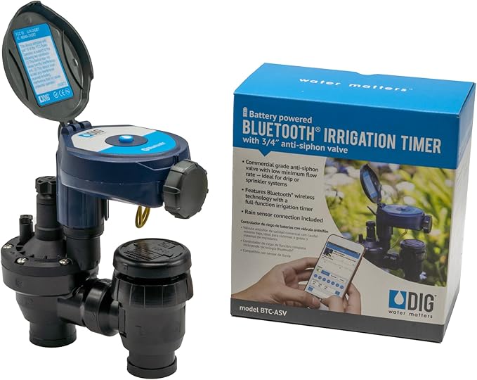DIG BTC-ASV Bluetooth Battery Powered Weatherproof Wireless Irrigation Controller w/ Anti Siphon Valve - Smart, Easy-to-Use, Compatible with Residential Drip and Sprinkler Irrigation Systems