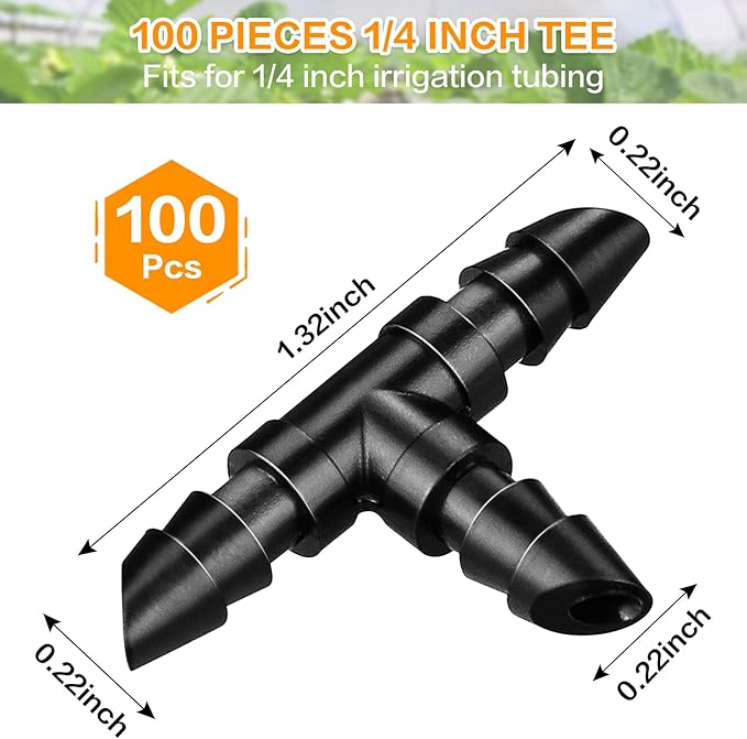 Gardrip Drip Irrigation Tee Fittings：100 Pieces Barbed Tee Irrigation Parts with Sharp End Fits for 1/4 Inch Drip Irrigation Tubing Drip Line T Connectors for Garden Lawn System