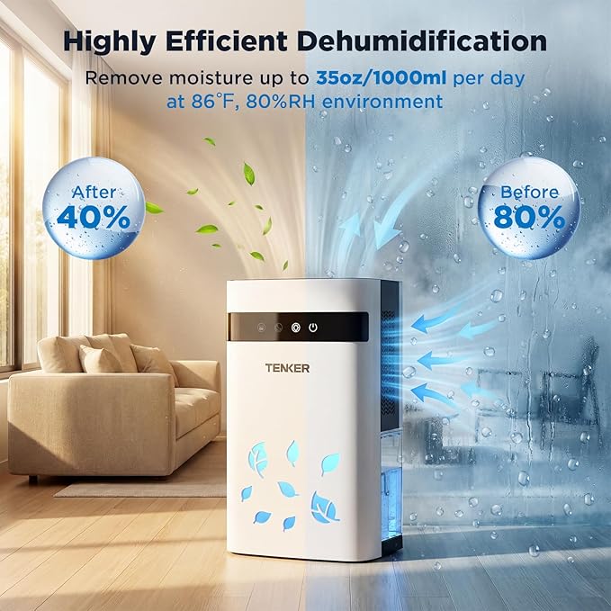 TENKER Dehumidifier for Home, 77oz Water Tank (1000 sq.ft) Dehumidifiers, Quiet Dehumidifier with Auto Shut Off, Sleep Mode, 7-Color LED Light for Closet Bedroom Bathroom RV, White