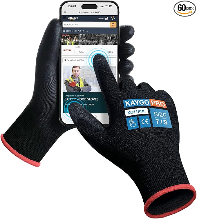 Work Gloves PU Coated for Men and Women, 60 Pairs Safety Work Gloves with Two Fingers Touchscreen, Breathable and Lightweight,Ideal for Light Warehouse, Manufacturing, Gardening, KG11P (S, Black)