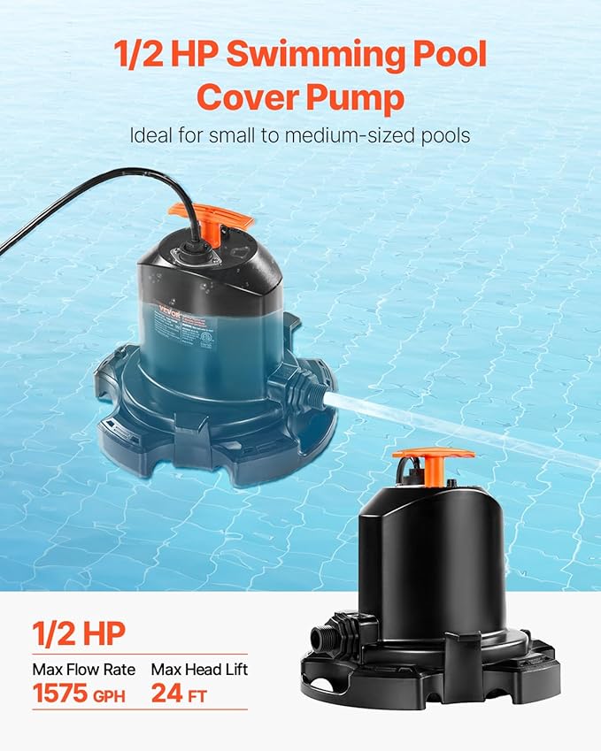 VEVOR 1/2 HP Submersible Pool Cover Pump – 1575 GPH, 24 ft Max Lift, Water Removal and Transfer Pump for Swimming Pools, Inflatable Water Parks, Draining (25 ft Power Cord)