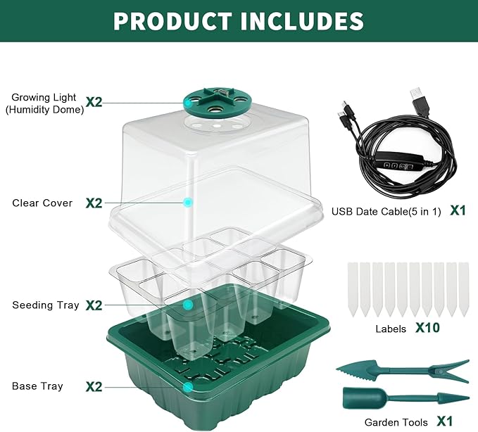 Seed Starter Tray, 2 Pcs Plant Propagation Station with Grow Light,Seedling Starter Trays with Timing Controller,Mini Greenhouse Kit with Humidity Domes and Base,Plant Tray for Seeds Growing Starting
