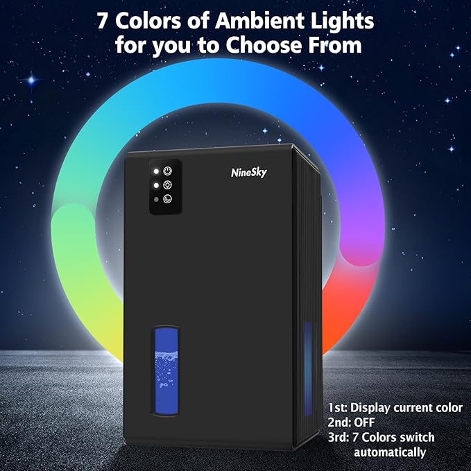 NineSky Dehumidifier, 1000 sq.ft Dehumidifiers for Home with 95oz Large Water Tank,Quiet Dehumidifier with 7-Color Ambient Light & Auto Shut Off, Dehumidifier for Basement, Bedroom, Bathroom (Black)