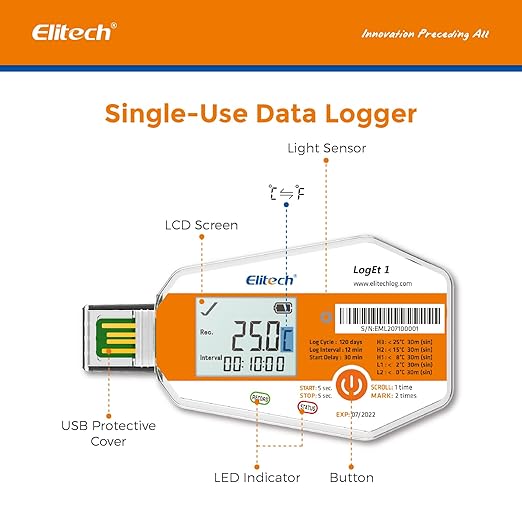 Elitech WHO PQS Certificated 10 Pack 120 Days Temperature Data Logger with Light Sensor Single-Use Cold Chain Monitor (CCM) Temperature Recorder with PDF Report 16000 Points LogEt1