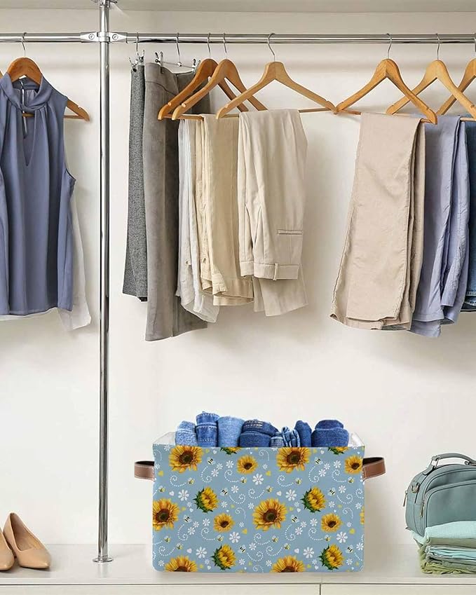 Blue Yellow Sunflower Storage Bins Cubes Waterproof Cloth Storage Basket,Summer Botanical Farmhouse Floral Foldable Storage Bags for Shelf Clothes Storages Organizers with Handles 15x11x9.5 in 2PCS