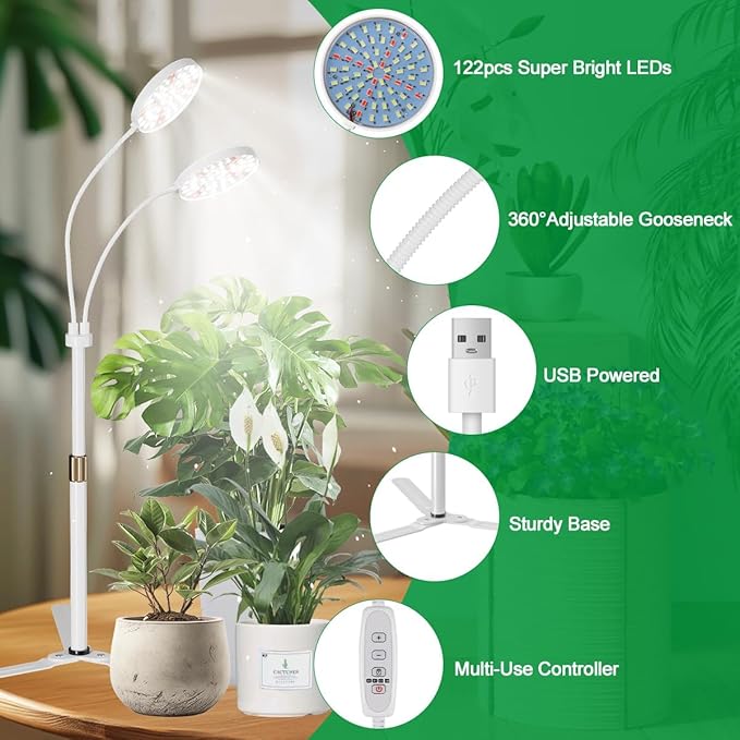GYTF Grow Light Dual Ring 3.5" with Base, 122 LEDs 6000K White Full Spectrum Gooseneck Plant Lamp for Indoor Desk Plants, Dimmable & Height Adjustable 9-16", Timer 4/8/12/18Hrs