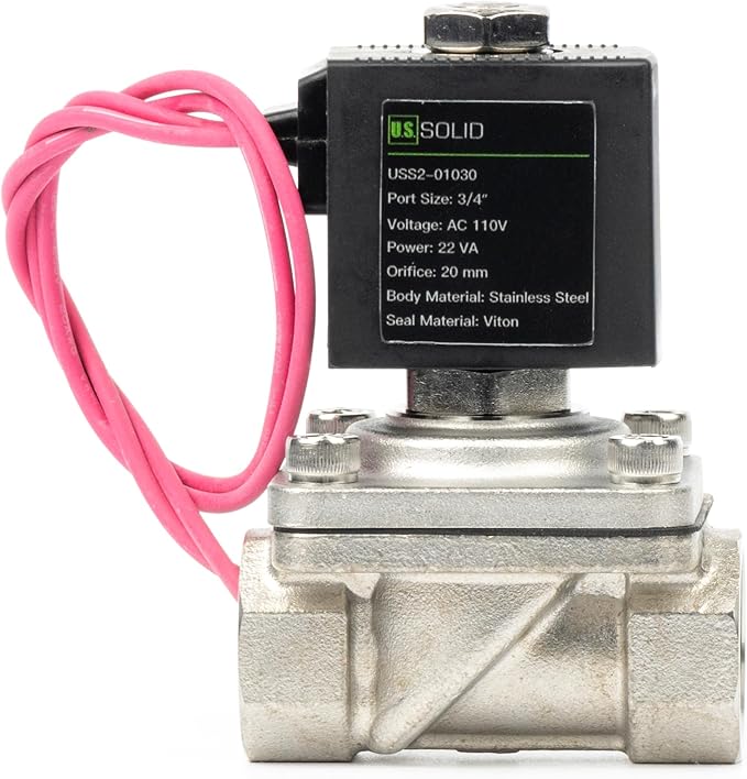 U.S. Solid 3/4" Stainless Steel Solenoid Valve - 110V AC Normally Closed (N.C.) Electric Valve, Semi-Direct Lift, Viton Seal, 145 PSI (10 Bar), IP65 Waterproof for Fuel, Gas & High-Temp Liquids