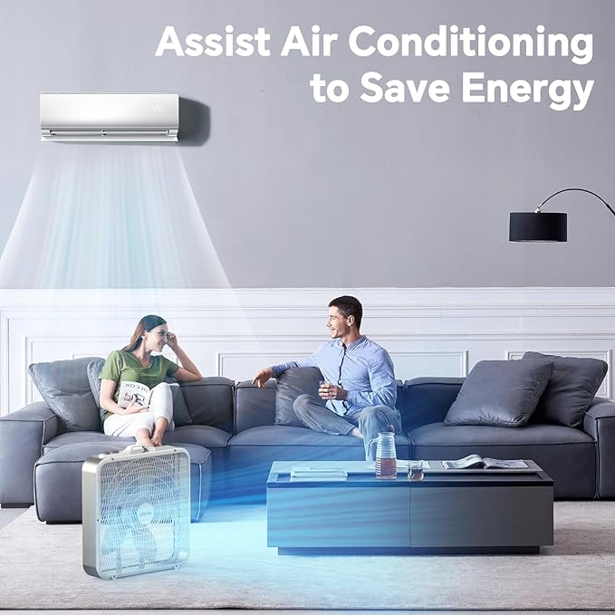 shinic 20” Box Fan with Thermostat for Bedroom, 3-Speed Portable Floor Fan with Carry Handle, Powerful Airflow, 5 Blades, Window Fan and Cooling Fan for Home, Office, Garage, Basement, White
