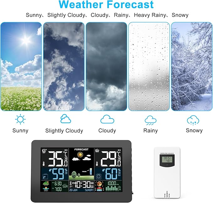 Weather Station Wireless Indoor Outdoor, Thermometer Wireless with Remote Sensor, Home Weather Station, Color Display Digital Weather Forecast, Humidity, Atomic Clock, Air Pressure for Home