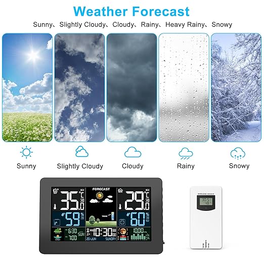 Weather Station Wireless Indoor Outdoor, Thermometer Wireless with Remote Sensor, Home Weather Station, Color Display Digital Weather Forecast, Humidity, Atomic Clock, Air Pressure for Home