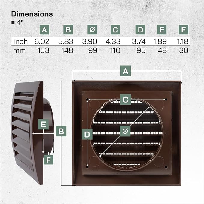 Vent Systems 4” Inch Brown Plastic Soffit Vent Cover – Heavy-Duty Louvered Exterior Dryer Vent Cover with Protective Mesh Screen – HVAC Exhaust Grille for Bathroom, Dryer, Garage