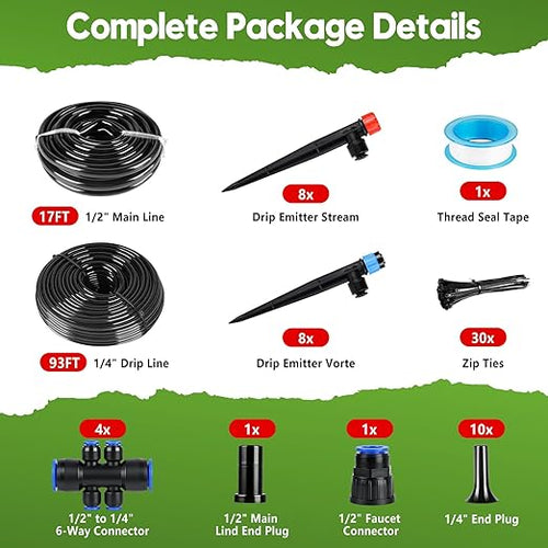 100FT Drip Irrigation System Kit, Automatic Garden Watering System Quick-Connect Adjustable Sprinklers for Raised Garden Beds, Greenhouse, Yard, Lawn, Plant with 1/2" & 1/4" Tubing and Accessories