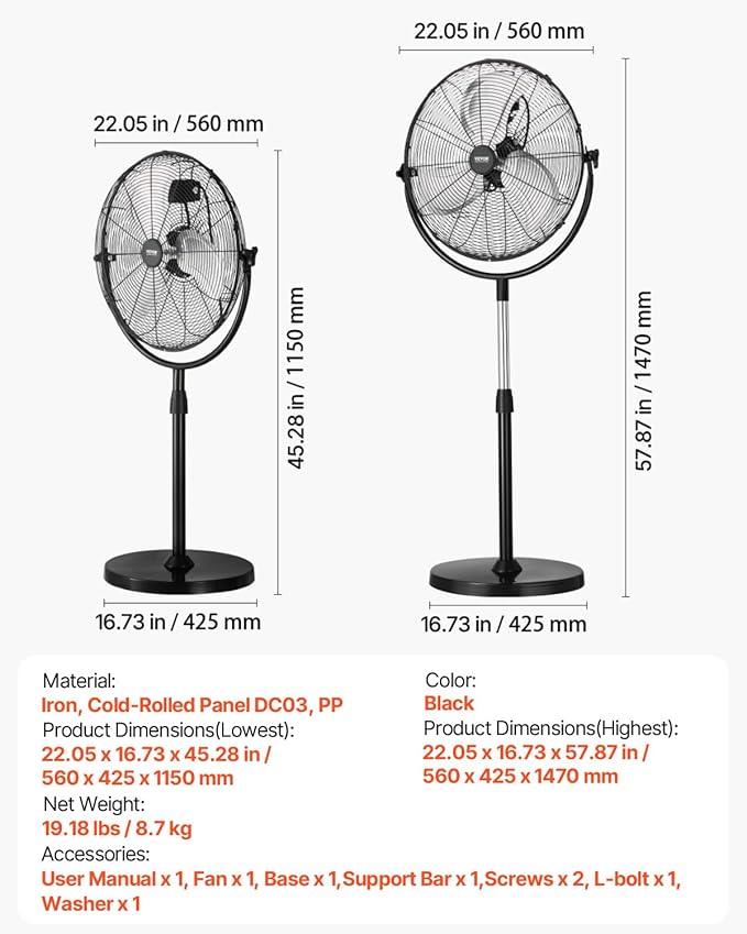 VEVOR Industrial Pedestal Fan, 18 Inch Standing Fan with 45.3 to 57.9 Inches Adjustable Height, Floor Fans with 3 Adjustable Speeds, High Power Fans for Living Room, Home, Office, Black