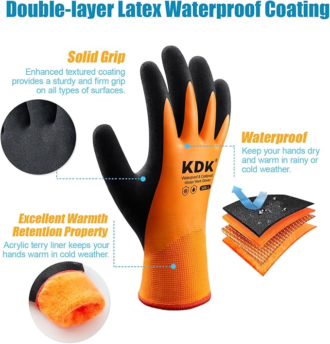 KDK Winter Waterproof Gloves for Men and Women, Work Gloves for Cold Weather, Thermal Insulated Freezer Gloves