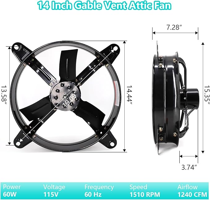 Gable Attic Fan with Thermostat, 14 inch Ventilation Fans for Attic Shed Garage Greenhouse Attic Vent Exhaust Fan 1510 RPM,1240 CFM (14 inch)