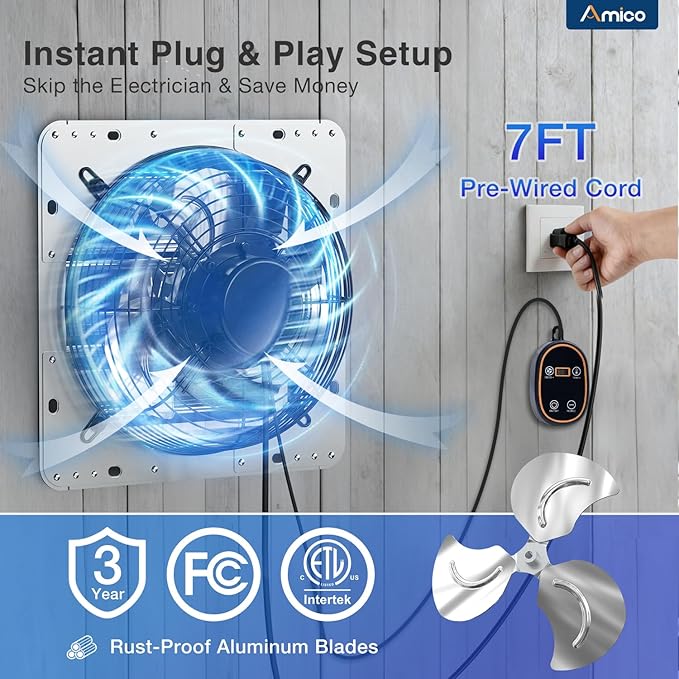 Amico 10" Smart Shutter Exhaust Fan with Thermostat & 8 Speed, 1073 CFM (Up to 1400 Sq.Ft),13W Ultra-Efficient DC Motor, Wall Mount Garage/Attic/Greenhouse/Kitchen Vent Fan, Plug & Play, FCC